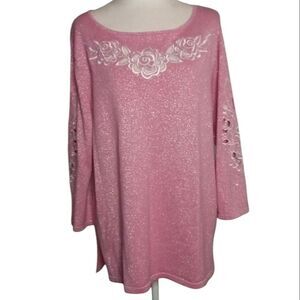 Bob Mackie Wearable Art Pink Floral Cutout Sparkly Tunic Cotton Blend NWT XL